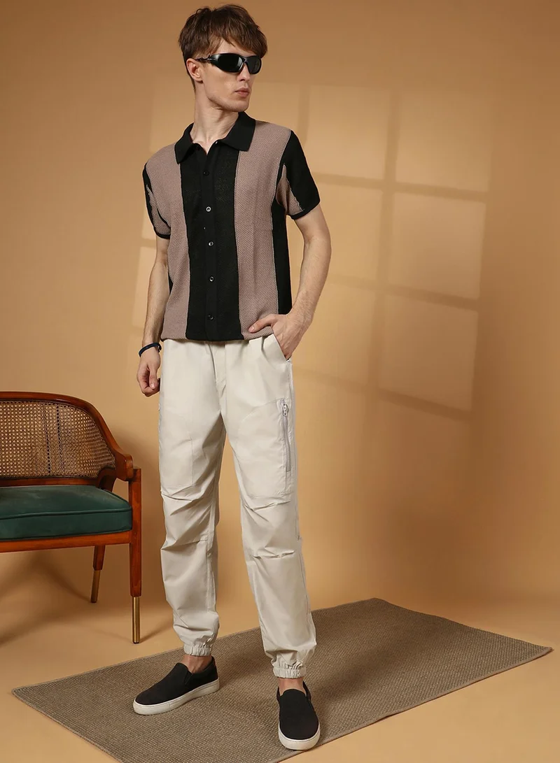 Campus Sutra Men's Buff Beige & Onyx Black Panel-Knit Slim-Fit Shirt
