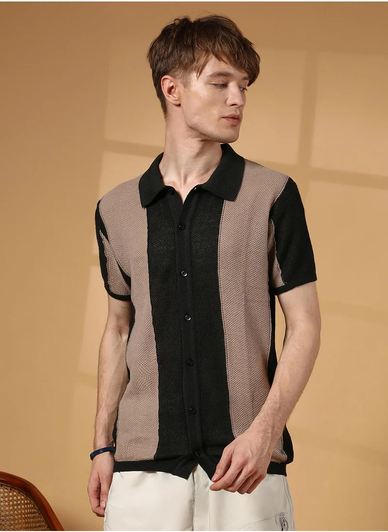 كامبوس سوترا Men's Buff Beige & Onyx Black Panel-Knit Slim-Fit Shirt