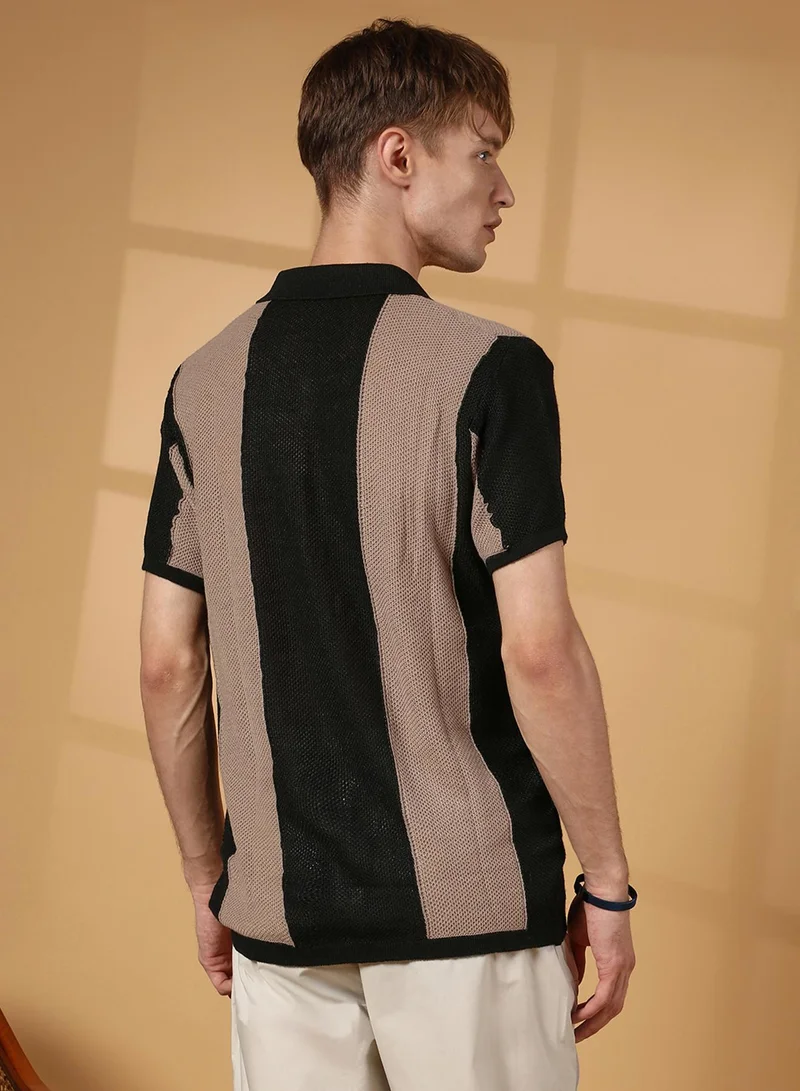 Campus Sutra Men's Buff Beige & Onyx Black Panel-Knit Slim-Fit Shirt