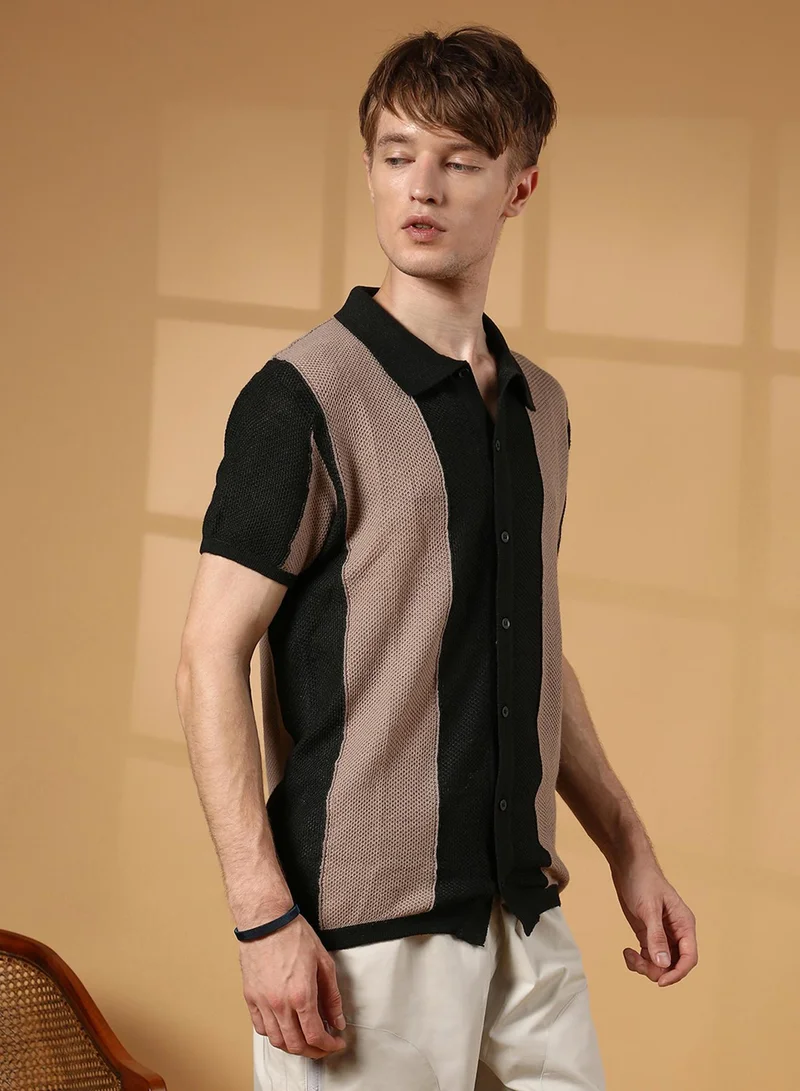 Campus Sutra Men's Buff Beige & Onyx Black Panel-Knit Slim-Fit Shirt