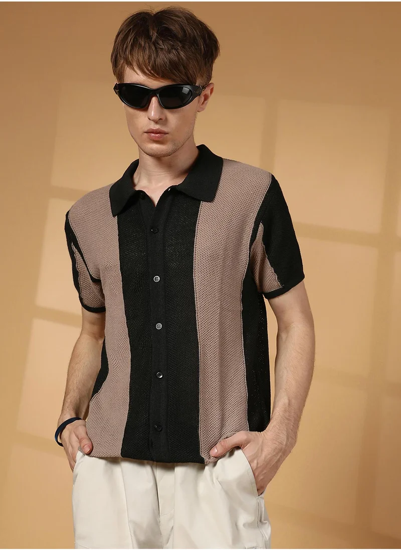 كامبوس سوترا Men's Buff Beige & Onyx Black Panel-Knit Slim-Fit Shirt