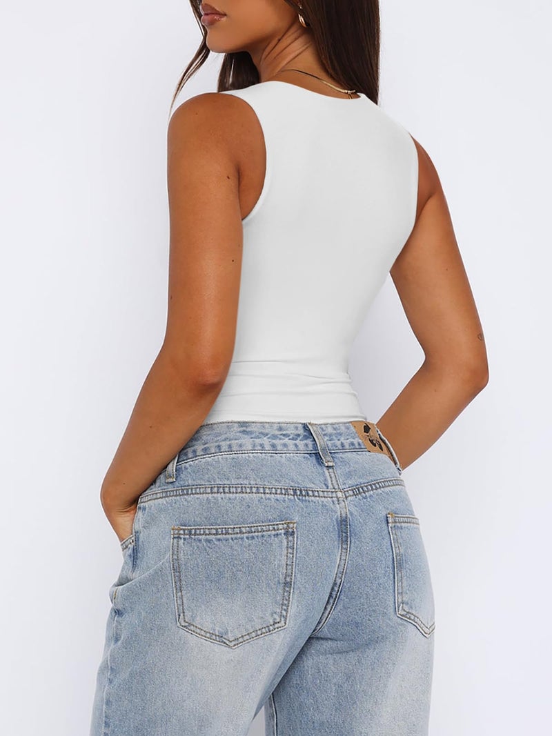 REORIA Womens Summer Sexy Sleeveless Square Neck Double Lined Going Out Cute Thong Bodysuit Tank Tops White Medium - Image 4
