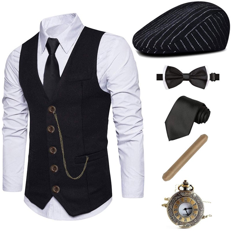 EFORLED Halloween 1920s Mens Costume 2025,Gatsby Gangster Vest,Vintage Pocket Watch,Pre Tied Bow Tie,Tie,XC-XXL - Image 1
