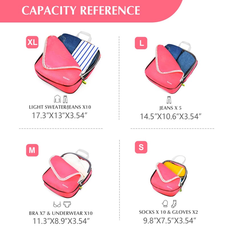 Gonex Compression Packing Cubes, 4pcs Expandable Storage Travel Luggage Bags Organizers (4 PCS Bright Pink) - Image 5