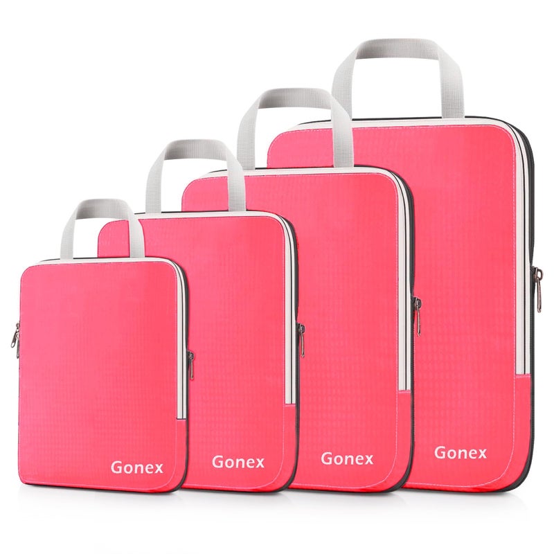 Gonex Compression Packing Cubes, 4pcs Expandable Storage Travel Luggage Bags Organizers (4 PCS Bright Pink) - Image 1