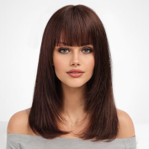 KKU 16 Inch Dark Brown Human Hair Wigs for Women,Layered Straight Hair Wig with Bangs,Wear Natural Realism - Image 1