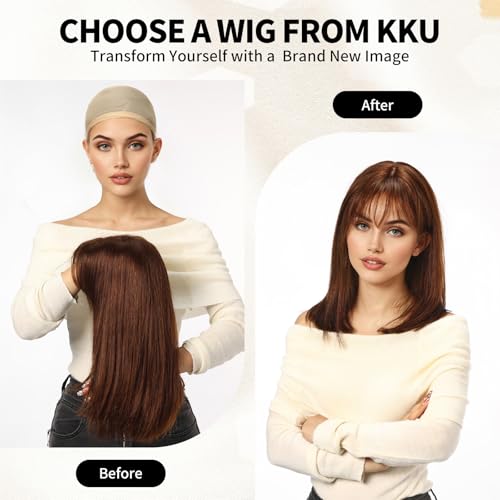 KKU 16 Inch Dark Brown Human Hair Wigs for Women,Layered Straight Hair Wig with Bangs,Wear Natural Realism - Image 3