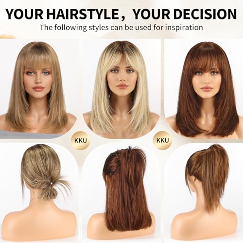 KKU 16 Inch Dark Brown Human Hair Wigs for Women,Layered Straight Hair Wig with Bangs,Wear Natural Realism - Image 5