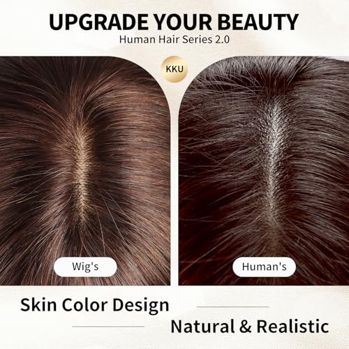 KKU 16 Inch Dark Brown Human Hair Wigs for Women,Layered Straight Hair Wig with Bangs,Wear Natural Realism - Image 4