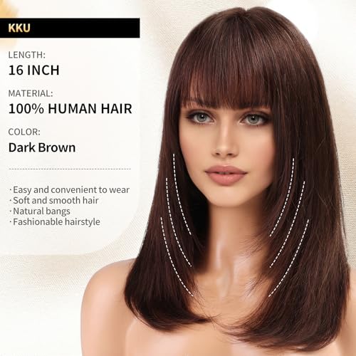 KKU 16 Inch Dark Brown Human Hair Wigs for Women,Layered Straight Hair Wig with Bangs,Wear Natural Realism - Image 2