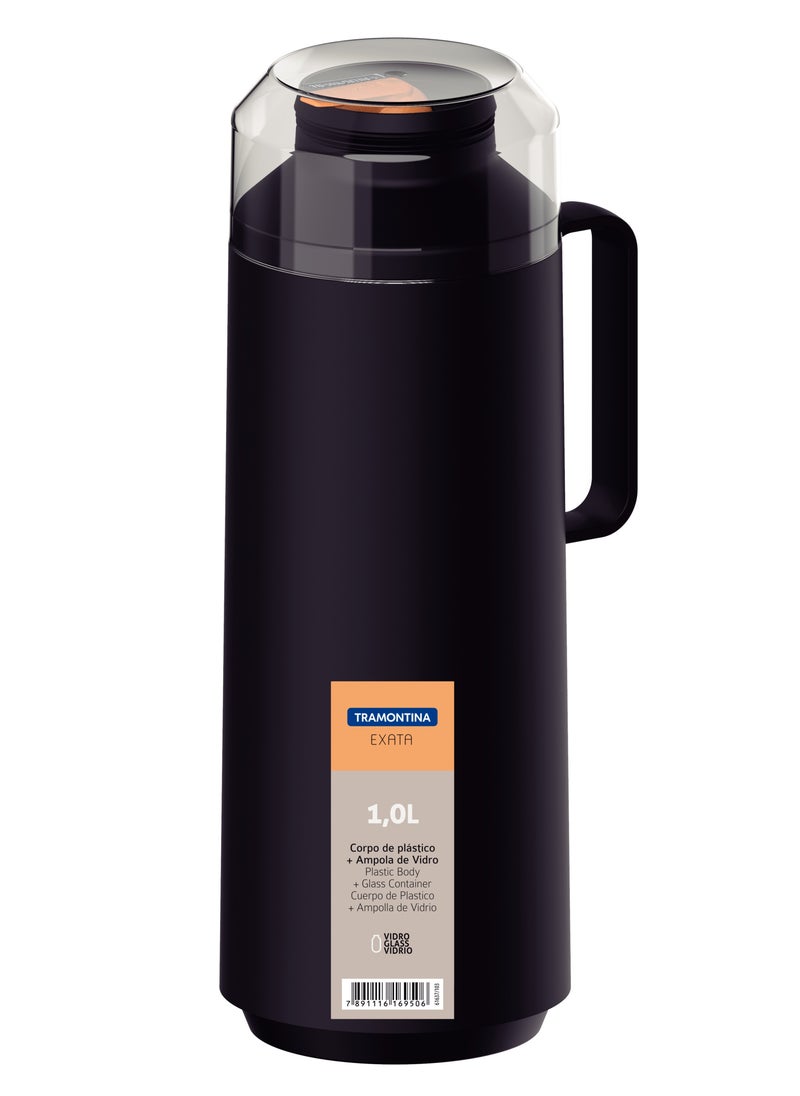 TRAMONTINA - Since 1911,Made in Brazil- Exata Black Plastic Thermal Flask with 1 Liter Glass Liner and Plastic Lid - Image 1