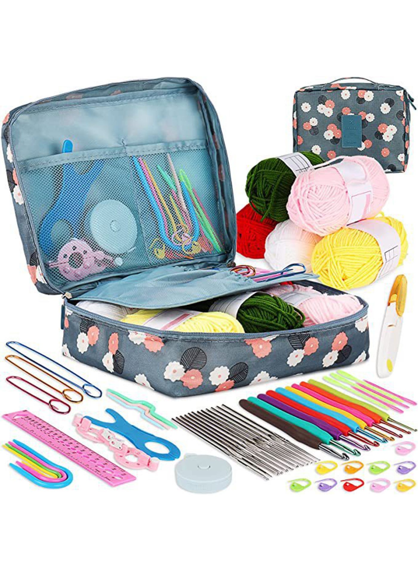 Beginners Adults/Kids Complete Crochet Set, Yarn Crochet Instruction Crochet Hook Storage Case Knitting & Crochet Supplies Ideal Crochet Gift, Crocheter Beginner (Blue)