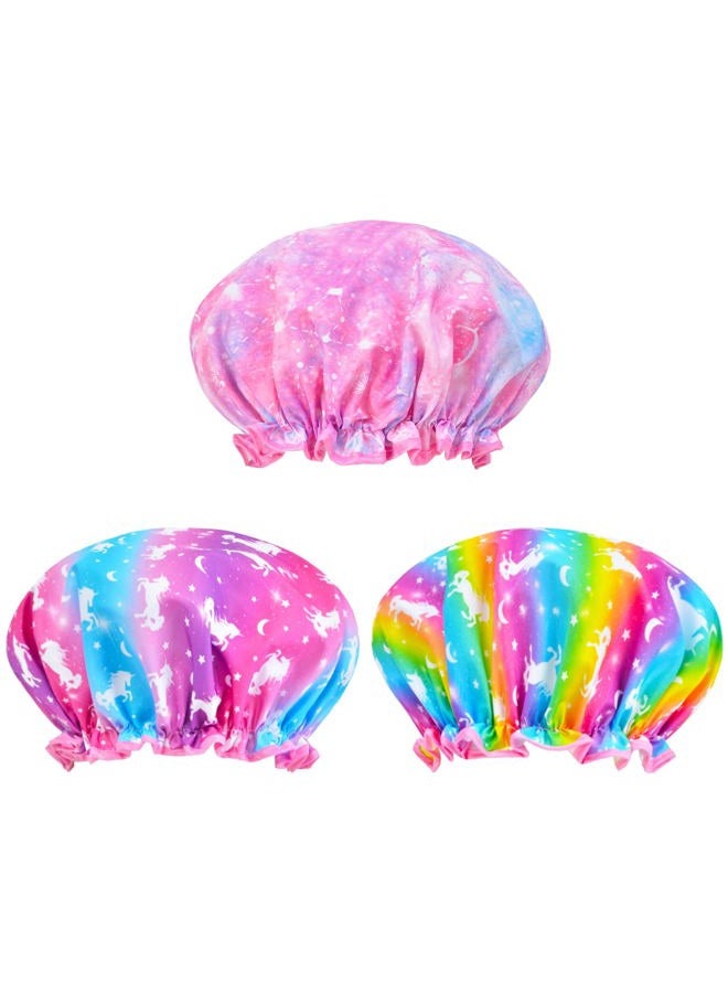 OlyPegic Shower Cap for Kids, 3 Pcs Cute Rainbow Hair Cap for Girls, Wide Elastic Band, Plastic Reusable Waterproof Toddler Bath Cap, Large for Women (Unicorn) - Image 2