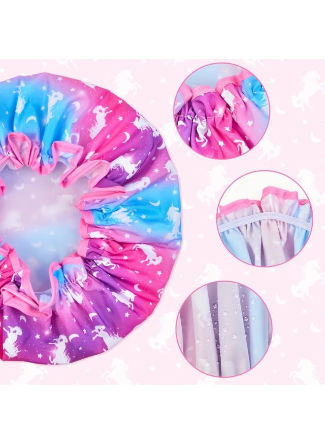 OlyPegic Shower Cap for Kids, 3 Pcs Cute Rainbow Hair Cap for Girls, Wide Elastic Band, Plastic Reusable Waterproof Toddler Bath Cap, Large for Women (Unicorn) - Image 4