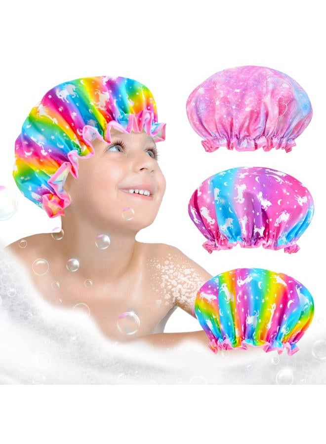 OlyPegic Shower Cap for Kids, 3 Pcs Cute Rainbow Hair Cap for Girls, Wide Elastic Band, Plastic Reusable Waterproof Toddler Bath Cap, Large for Women (Unicorn) - Image 1