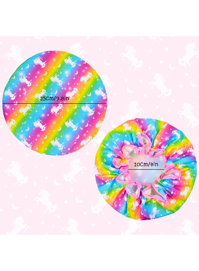 OlyPegic Shower Cap for Kids, 3 Pcs Cute Rainbow Hair Cap for Girls, Wide Elastic Band, Plastic Reusable Waterproof Toddler Bath Cap, Large for Women (Unicorn) - Image 3