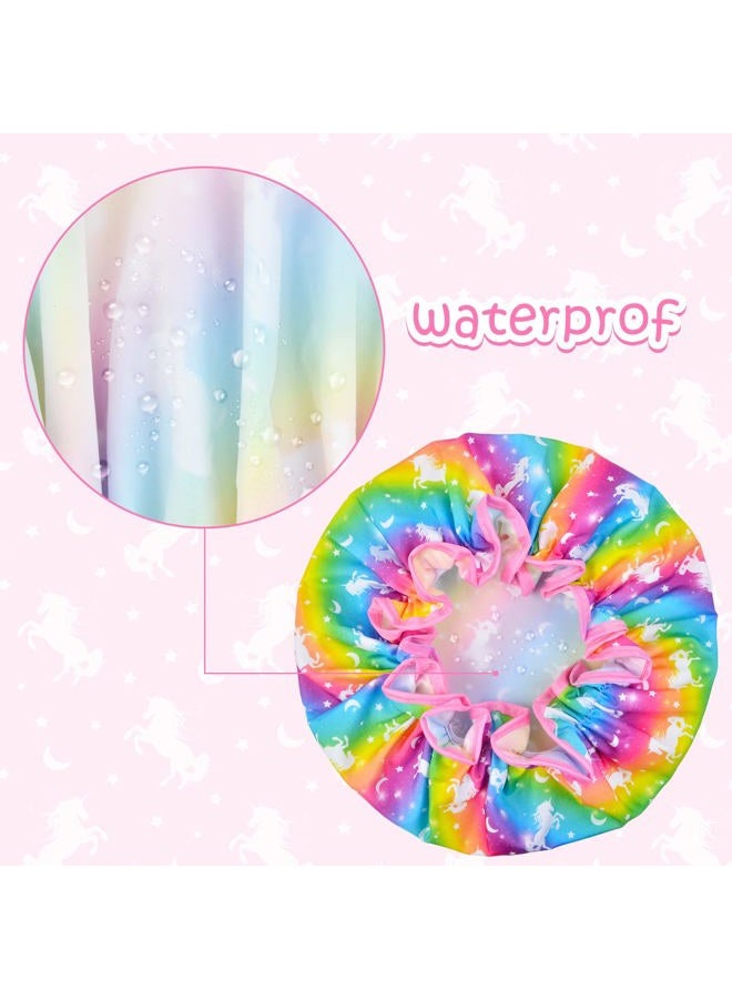 OlyPegic Shower Cap for Kids, 3 Pcs Cute Rainbow Hair Cap for Girls, Wide Elastic Band, Plastic Reusable Waterproof Toddler Bath Cap, Large for Women (Unicorn) - Image 5