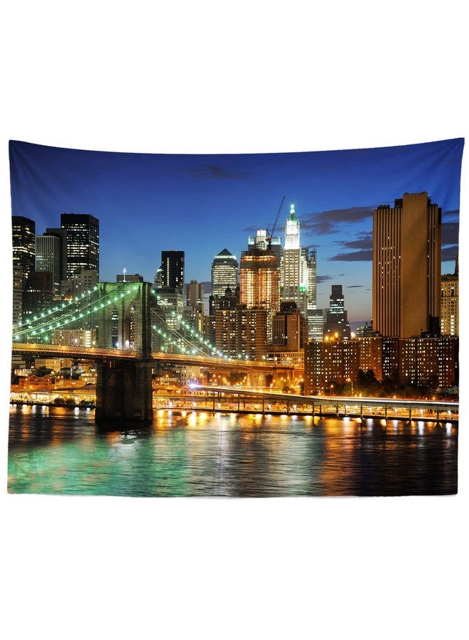 Loccor New York City Tapestry Brooklyn Bridge Manhattan Night Skyline Hudson River Wall Tapestry Nyc Urban Skyscraper Wall Hanging American Wall Art For Bedroom Living Room Dorm Home Decor 60" X 40" - Image 1