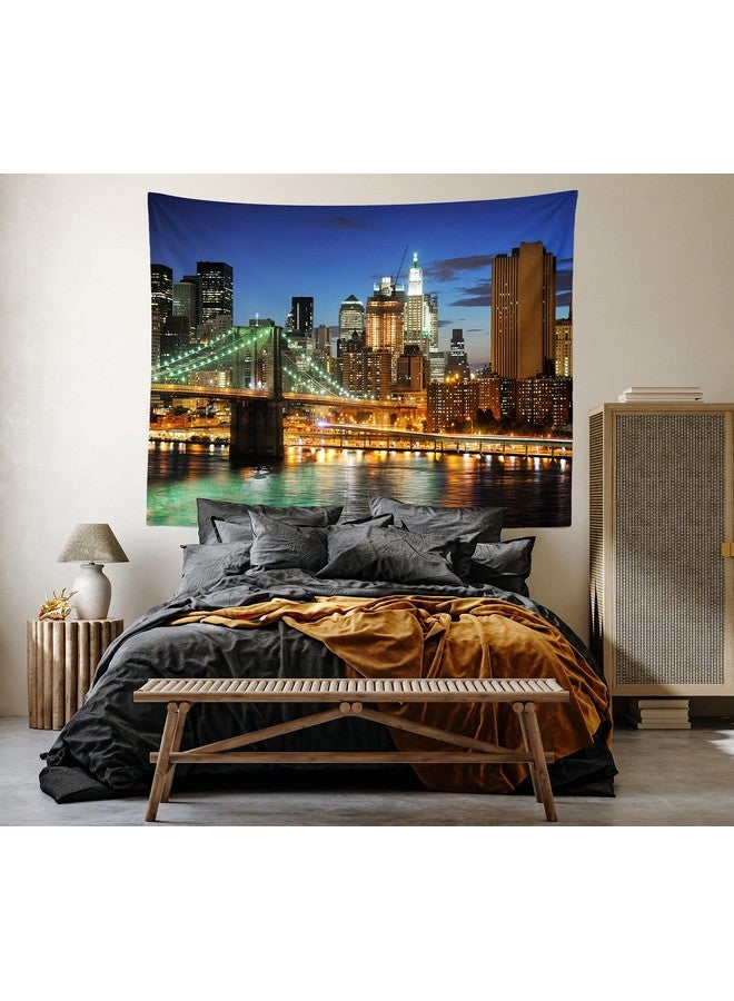 Loccor New York City Tapestry Brooklyn Bridge Manhattan Night Skyline Hudson River Wall Tapestry Nyc Urban Skyscraper Wall Hanging American Wall Art For Bedroom Living Room Dorm Home Decor 60" X 40" - Image 4