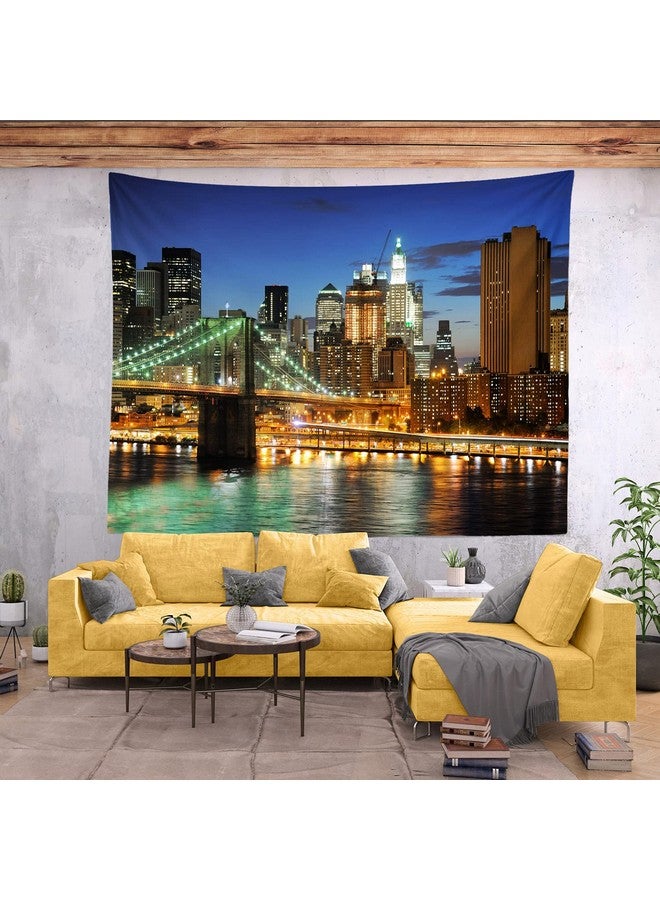 Loccor New York City Tapestry Brooklyn Bridge Manhattan Night Skyline Hudson River Wall Tapestry Nyc Urban Skyscraper Wall Hanging American Wall Art For Bedroom Living Room Dorm Home Decor 60" X 40" - Image 3