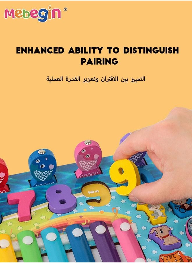 ميبيجين - طقم ألعاب تعليمية خشبية 5 في 1 مع إكسيليفون ورياضيات ولعبة موسيقية ولعبة صيد مغناطيسية والمزيد، مجموعة ألعاب أطفال صغار، ألعاب تنمية ونشاط مبكر، لعبة مونتيسوري بأسطح ناعمة مصقولة وطلاء غير سام، هدية مثالية للأطفال - Image 1
