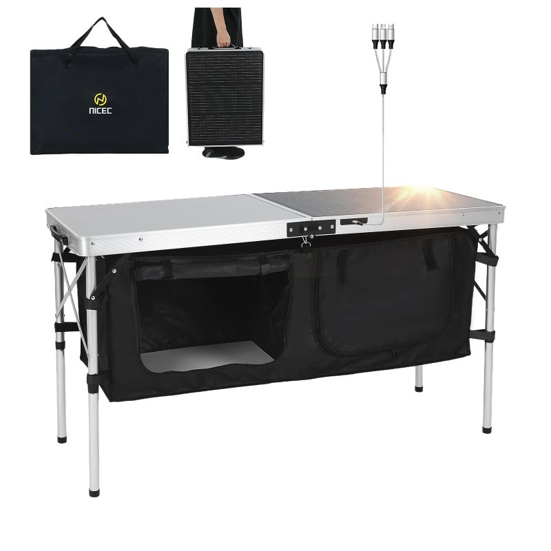 Nice C Camping Table, Storage Camping Table with Solar Panels, Storage Kitchen Tables, Folding Tables, 45W Output, w/USB, Type-C & DC Charging Cable, For Outdoor, Beach, BBQ, Picnic, Cooking, Festival - Image 1