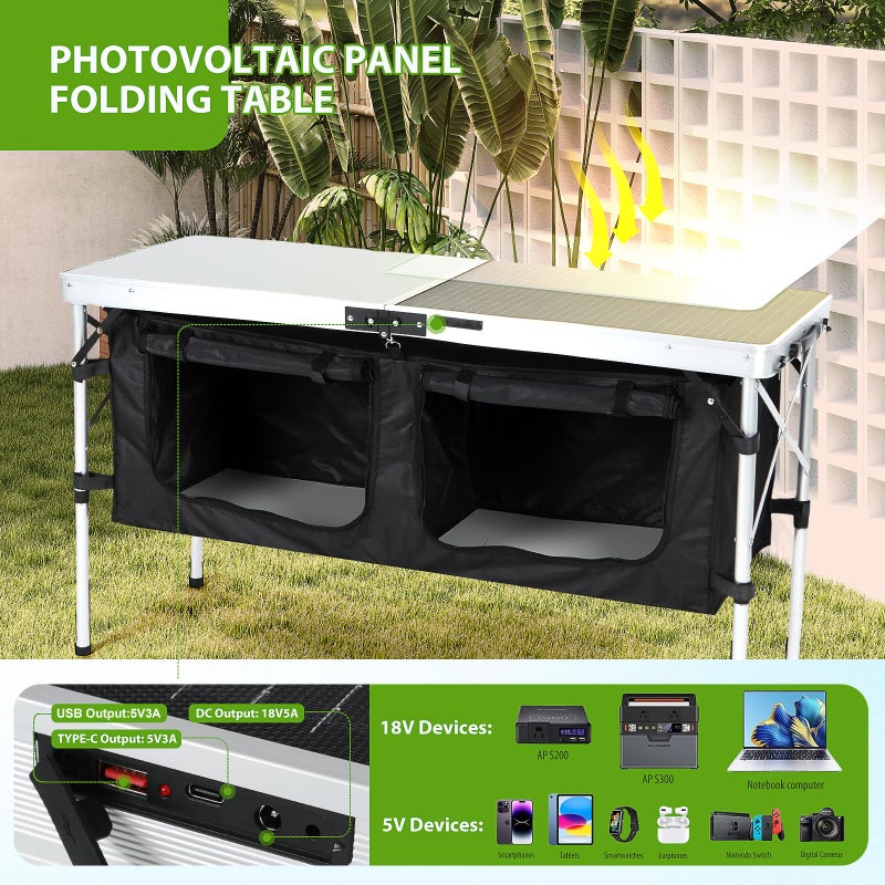 Nice C Camping Table, Storage Camping Table with Solar Panels, Storage Kitchen Tables, Folding Tables, 45W Output, w/USB, Type-C & DC Charging Cable, For Outdoor, Beach, BBQ, Picnic, Cooking, Festival - Image 2