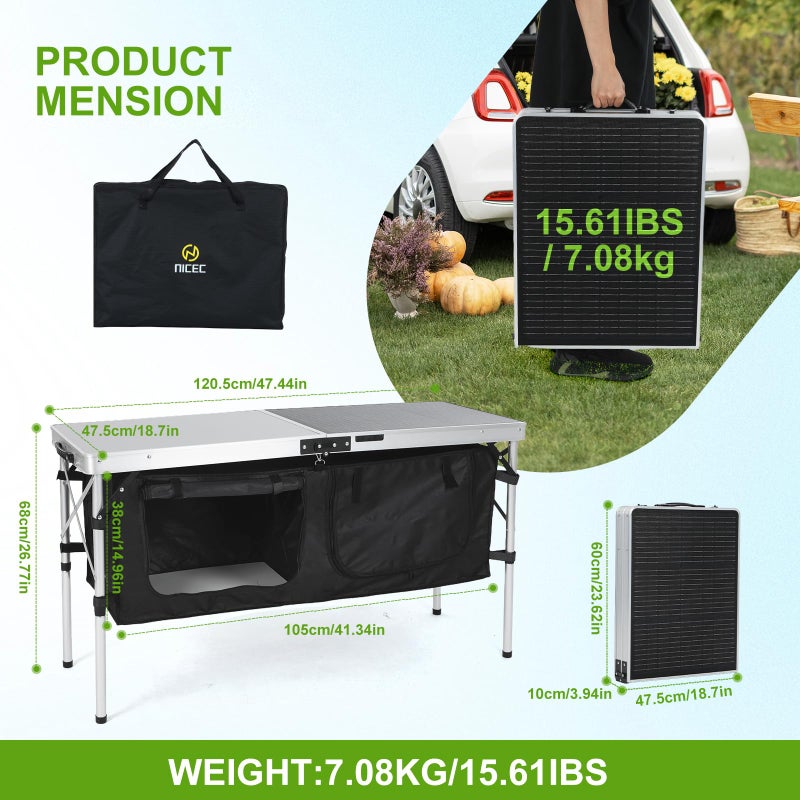 Nice C Camping Table, Storage Camping Table with Solar Panels, Storage Kitchen Tables, Folding Tables, 45W Output, w/USB, Type-C & DC Charging Cable, For Outdoor, Beach, BBQ, Picnic, Cooking, Festival - Image 4