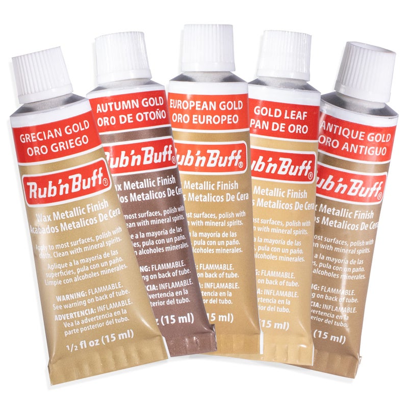 AMACO Rub N Buff Wax Metallic Finish Gold Kit - Antique Gold Autumn Gold European Gold Gold Leaf Grecian Gold 15ml Tubes - Versatile Gilding Wax for Finishing and Restoration- 5 Rub and Buff Colors - Image 1