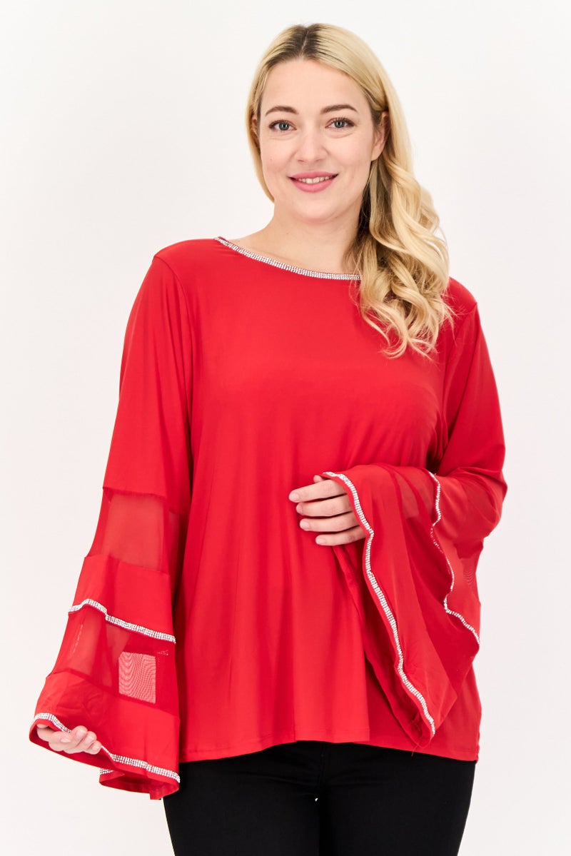 NY Collection Women Round Neck Bell Sleeves Embellished Blouse, Red - Image 1