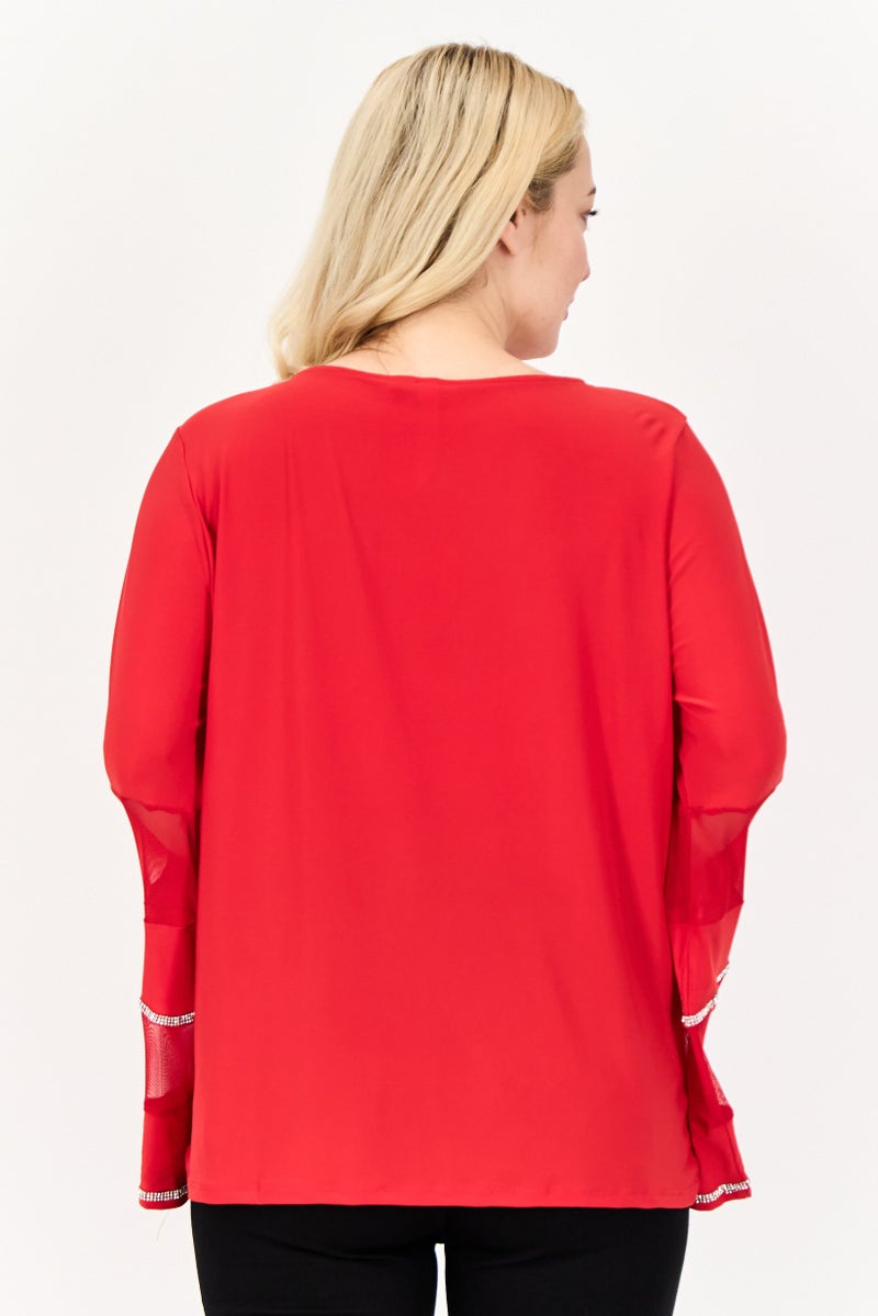 NY Collection Women Round Neck Bell Sleeves Embellished Blouse, Red - Image 3