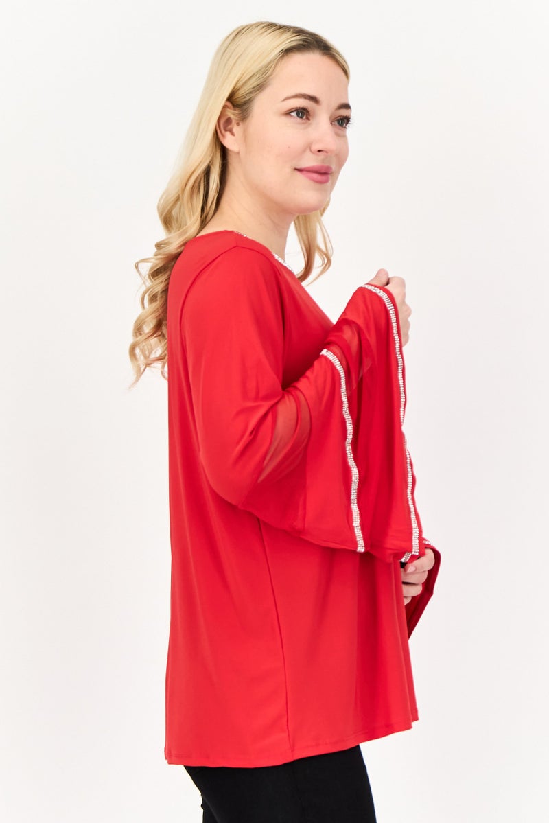 NY Collection Women Round Neck Bell Sleeves Embellished Blouse, Red - Image 2