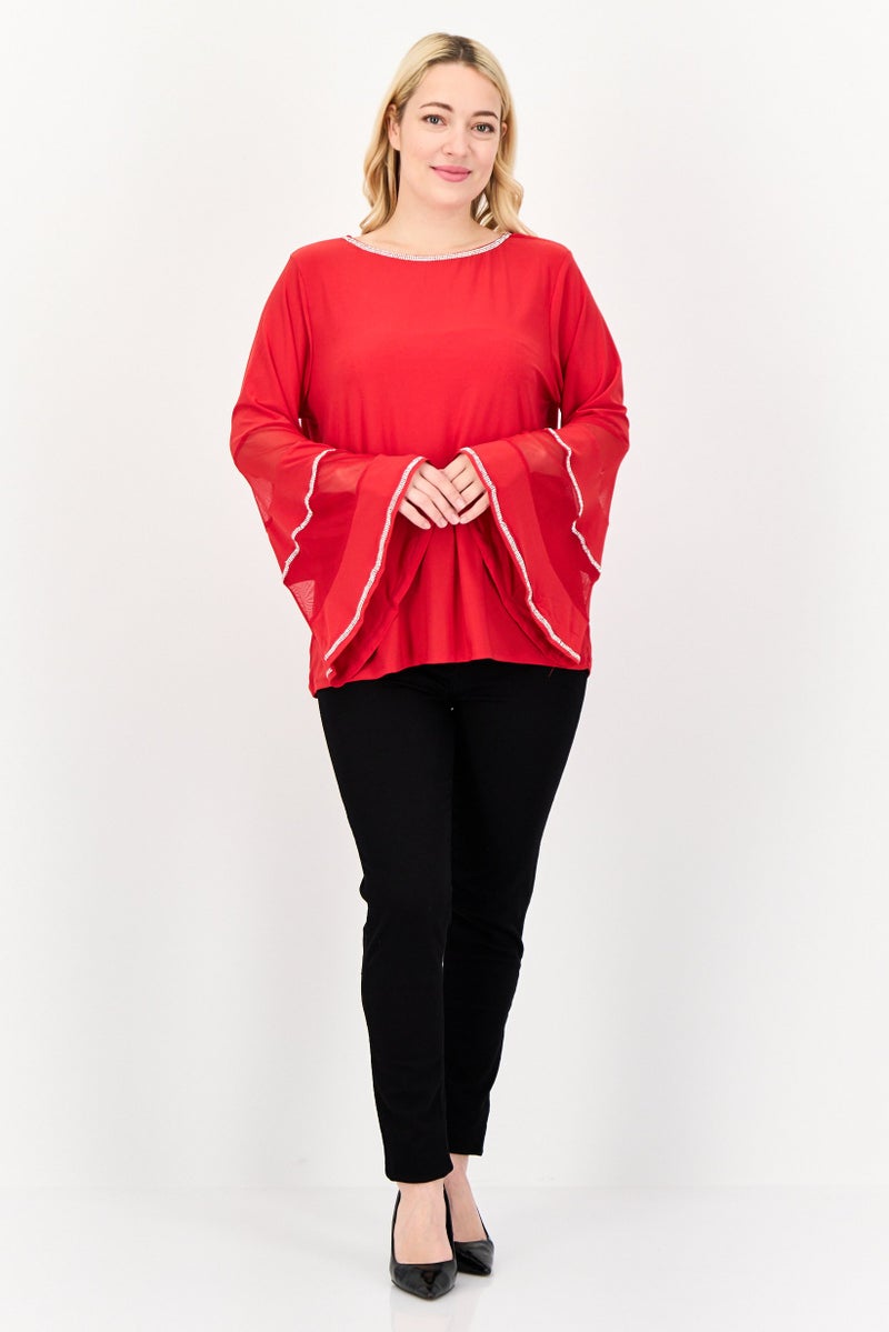 NY Collection Women Round Neck Bell Sleeves Embellished Blouse, Red - Image 4