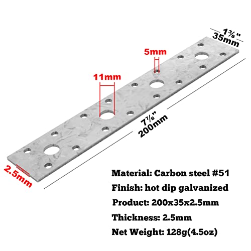 GBGS 10 Pcs 7⅞" Flat Tie Plate Repair Mending Plate Bracket,Hot Dip Galvanized Metal Repair Fixing Bracket Connector for Wooden Timber Connecting,7⅞"x1⅜,2.5 mm Thick - Image 2