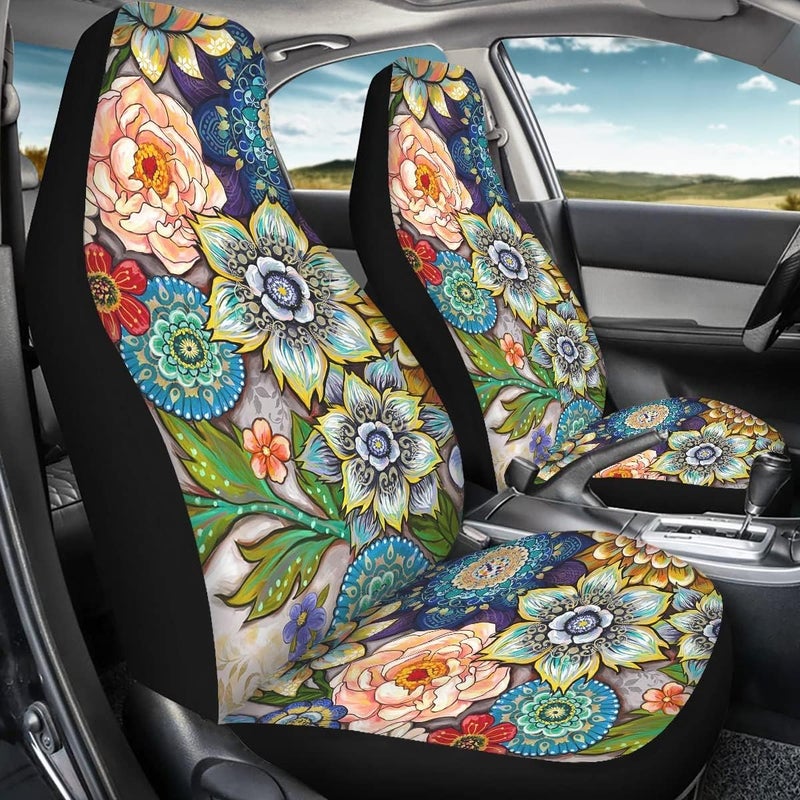 TOADDMOS Bright Blossoms Colorful Boho Floral Print Car Seat Covers for Women,Universal Auto Front Seats Protector Fits for Car,SUV Sedan,Truck - Image 4