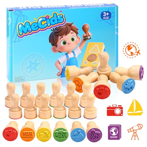 MeCids Kids Wooden Travel Stamps 24 PCS Holiday Travel Stamps Kids Birthday Gift Party Favors Classroom Rewards Art Projects Carnival Prizes for Boys Girls - Image 1