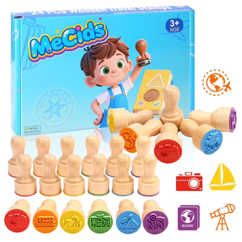 MeCids Kids Wooden Travel Stamps 24 PCS Holiday Travel Stamps Kids Birthday Gift Party Favors Classroom Rewards Art Projects Carnival Prizes for Boys Girls - Image 3