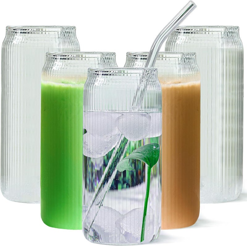 Le'raze Set of 6 Ribbed Can Shaped Glass Cups with Glass Straws - 16oz Can Glass Drinking Glasses, Iced Coffee & Ice Tea Glasses, Clear Kitchen Tumbler Cup Cocktail Glass for Soda, Kiddush Cups & Sets - Image 1