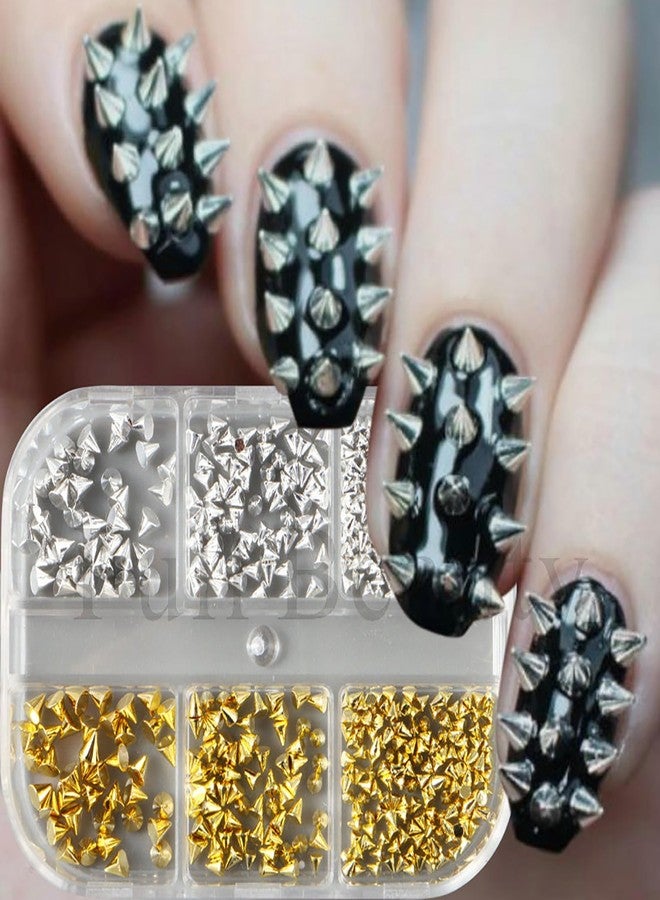 HYWWPFLAY 3D Mini Metal Punk Nail Art Studs, Mixed Sizes Gold & Silver Cone Spikes Nail Charms, Alloy Nails Rivets Decoration for Goth Y2K Jewelry Manicure DIY Accessories with Pickup Pen & Tweezers - Image 3