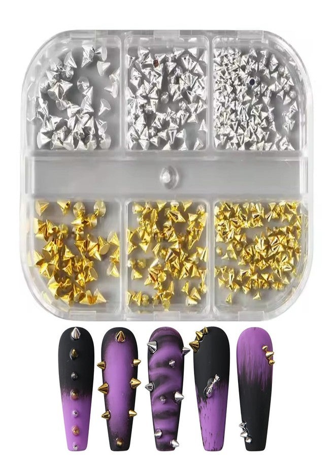 HYWWPFLAY 3D Mini Metal Punk Nail Art Studs, Mixed Sizes Gold & Silver Cone Spikes Nail Charms, Alloy Nails Rivets Decoration for Goth Y2K Jewelry Manicure DIY Accessories with Pickup Pen & Tweezers - Image 2