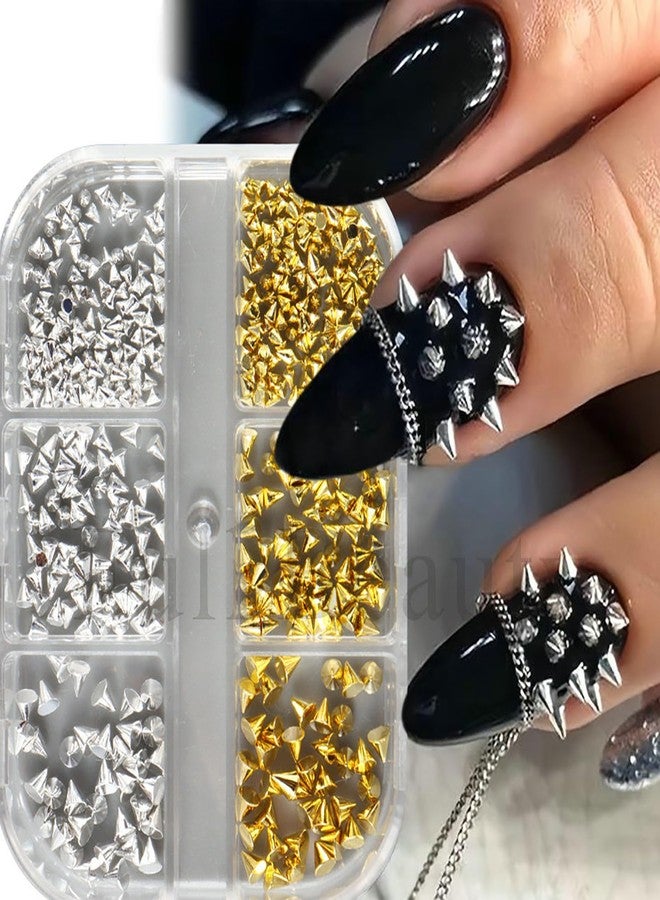 HYWWPFLAY 3D Mini Metal Punk Nail Art Studs, Mixed Sizes Gold & Silver Cone Spikes Nail Charms, Alloy Nails Rivets Decoration for Goth Y2K Jewelry Manicure DIY Accessories with Pickup Pen & Tweezers - Image 1