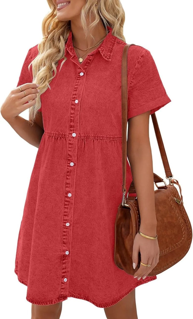 Cross-border Foreign Trade Amazon Europe and America Washed Denim Lapel Loose Sweet Ruffle dress Skirt New Red