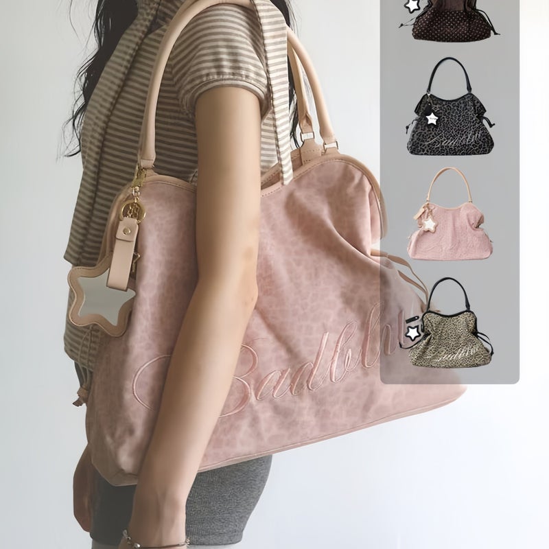 2025 Korean Trend Embroidered Leopard Print Shopper Tote Bag with Star Mirror Pendant - Image 4