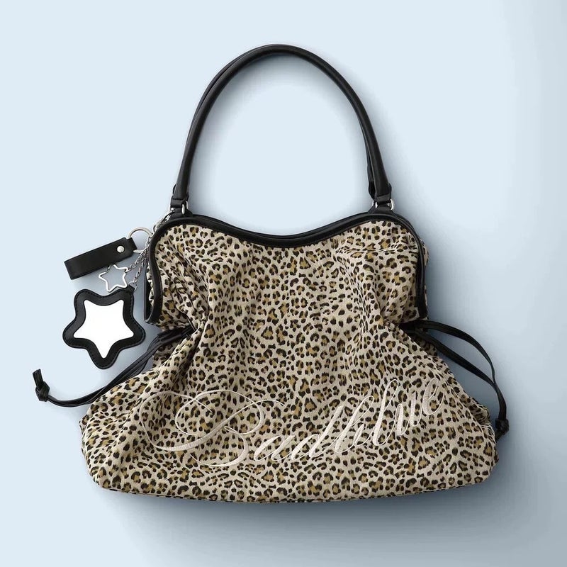 2025 Korean Trend Embroidered Leopard Print Shopper Tote Bag with Star Mirror Pendant - Image 3