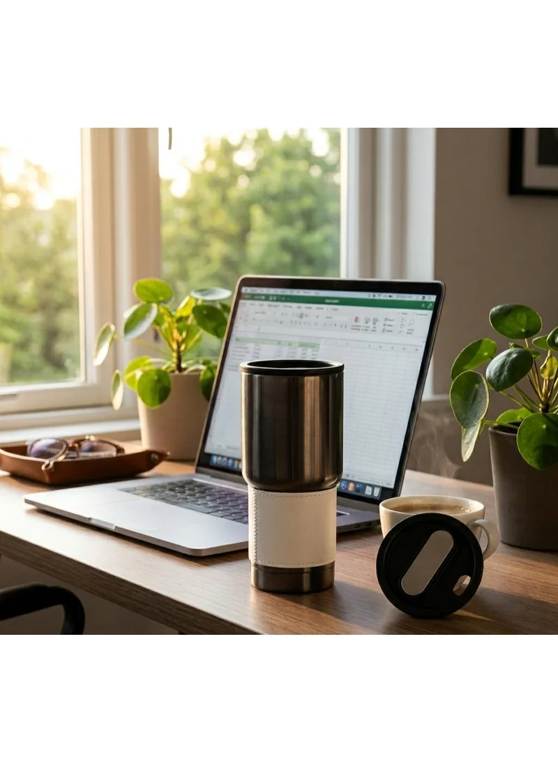 هانز لارسن Hans Larsen BOLIN 530ml Double Wall Vacuum Insulated Stainless Steel Tumbler with PU Grip Sleeve, Leak-Resistant Lid, Hot & Cold Travel Mug, Gunmetal Finish, Fits Car Cup Holders - Blue