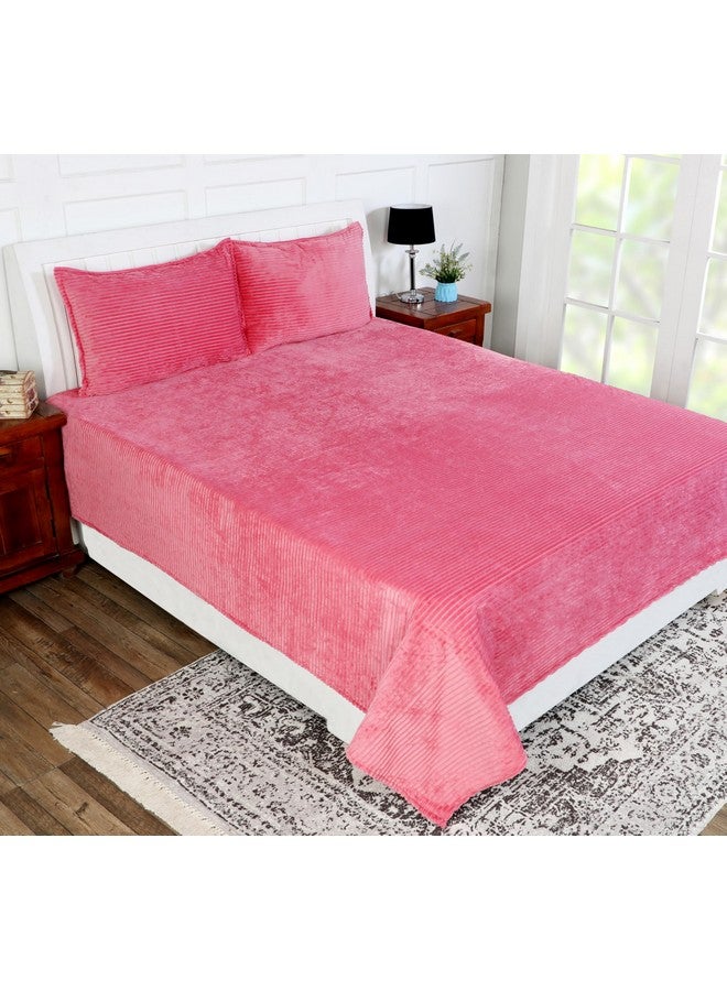 RD TREND 190 GSM Flannel Warm Bedsheets for Winter Double Flat Size (90 x 100 Inches) with 2 Pillow Cover Size (18x28 Inches) Color-Salmon, Striped - Image 1