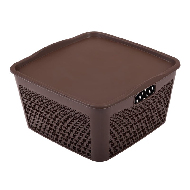 Kuber Industries Kuber Industries Netted Design Unbreakable Multipurpose Square Shape Plastic Storage Baskets with lid Large (Brown)  - Image 1