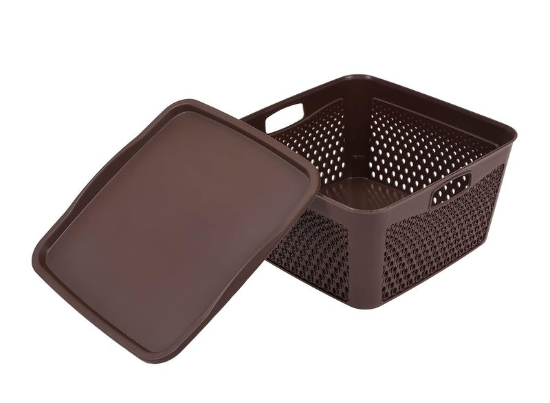 Kuber Industries Kuber Industries Netted Design Unbreakable Multipurpose Square Shape Plastic Storage Baskets with lid Large (Brown)  - Image 3