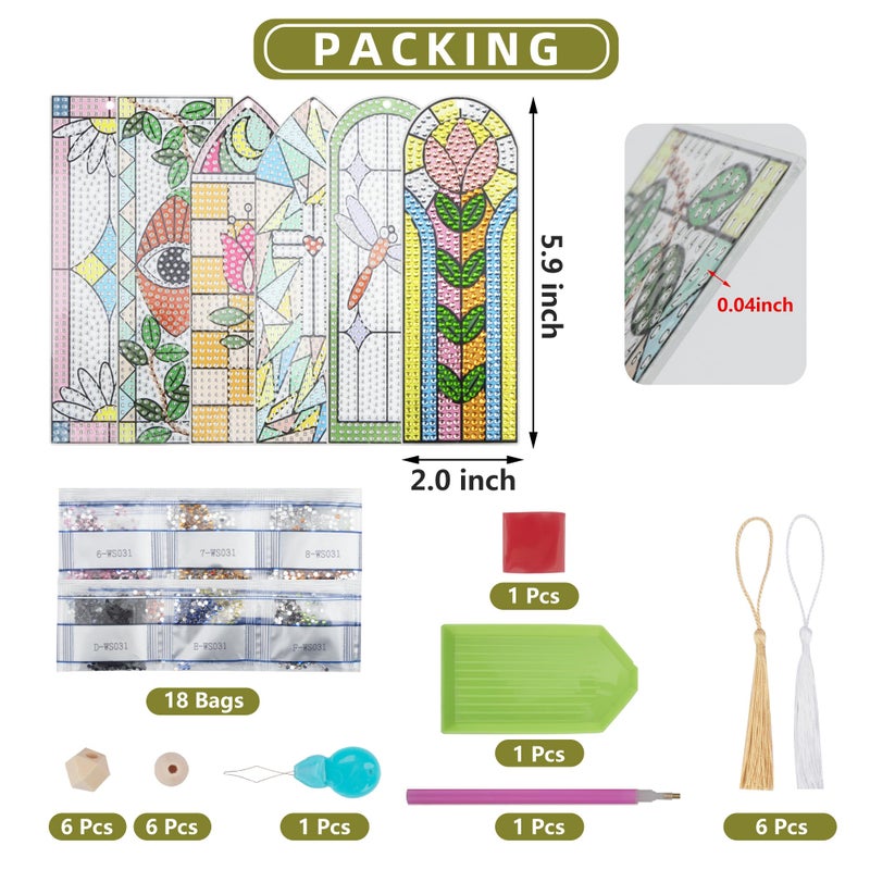 SWATOM 6 PCS 5D Diamond Painting Bookmarks Stained Glass Acrylic Diamond Art Bookmark with DIY Painting Kits Tassels & Wood Beads Pendant Rhinestone Bookmarks - Image 2