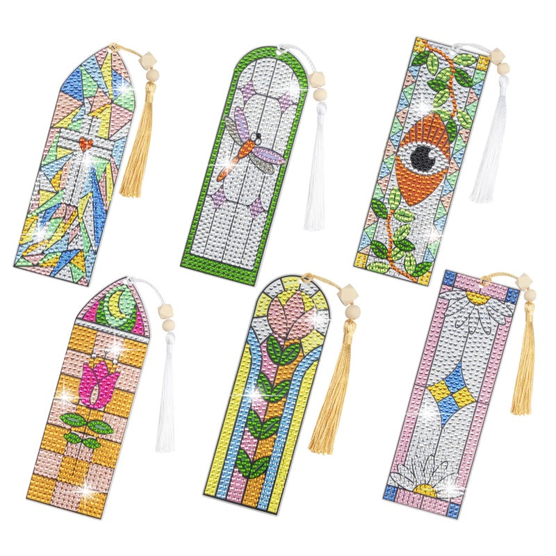 SWATOM 6 PCS 5D Diamond Painting Bookmarks Stained Glass Acrylic Diamond Art Bookmark with DIY Painting Kits Tassels & Wood Beads Pendant Rhinestone Bookmarks - Image 1